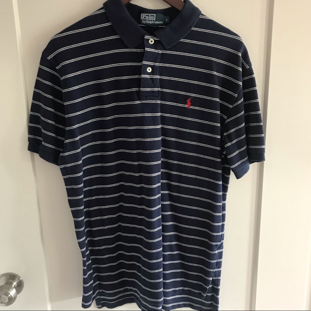 Navy and White Striped Cotton Polo Shirt